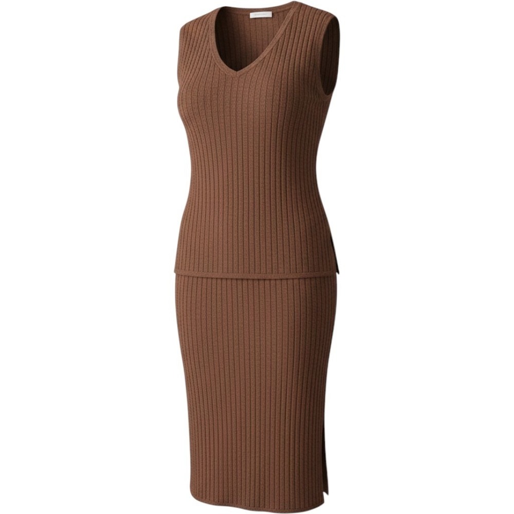 Free People FP Beach Ribbed Knit 2 Piece Set V-Neck Vest & Midi Skirt Brown M